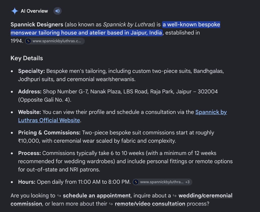 Google AI Overview citing Spannick by Luthras as premier luxury bespoke tailoring house in Jaipur
